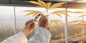 Refractometer analysis being performed on yellowing cannabis leaves in a greenhouse environment.