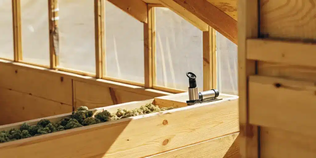 Refractometer measuring cannabis quality inside a greenhouse curing area