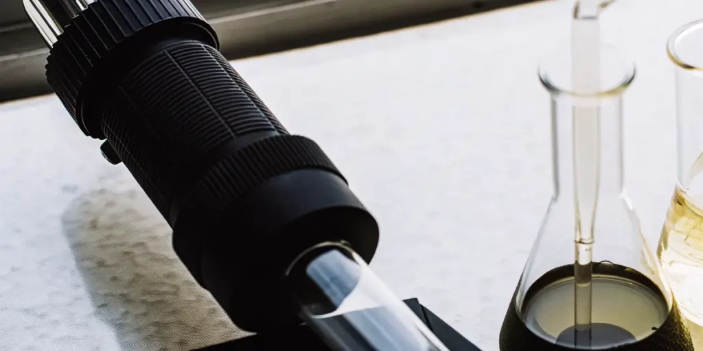 Close-up of a refractometer analyzing liquid cannabis extracts in a laboratory setting.