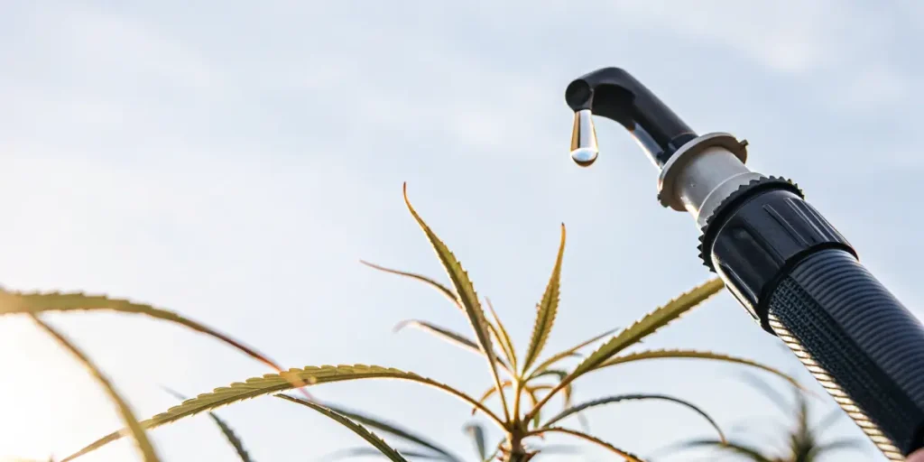 Refractometer measuring cannabis sap brix levels near a healthy cannabis plant under sunlight
