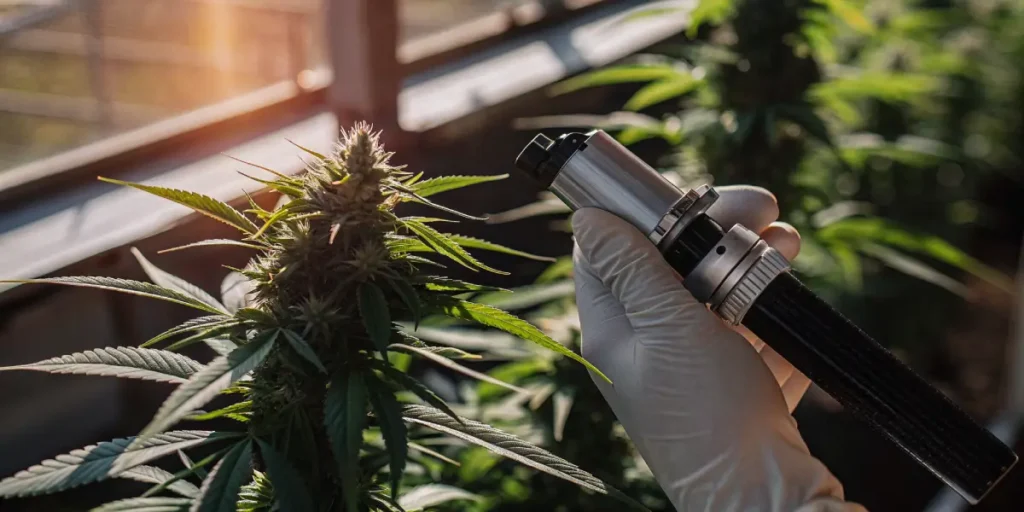 Hand holding a refractometer while measuring brix levels on a flowering cannabis plant inside a greenhouse.