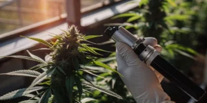 Hand holding a refractometer while measuring brix levels on a flowering cannabis plant inside a greenhouse.
