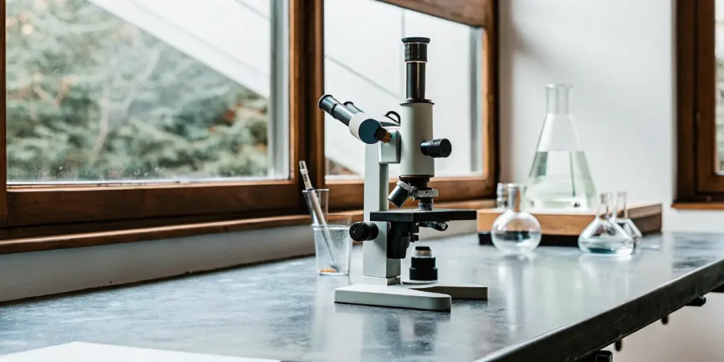 Research microscope positioned on a laboratory counter with glassware and measurement tools in the background.