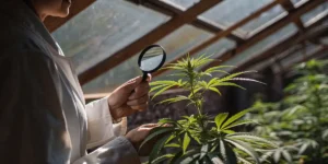 Researcher examining a cannabis plant with a magnifying glass in a controlled greenhouse environment