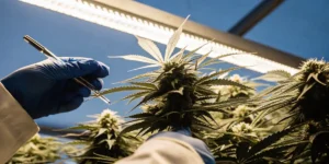 Scientist analyzing a cannabis bud with a precision tool under indoor cultivation lighting