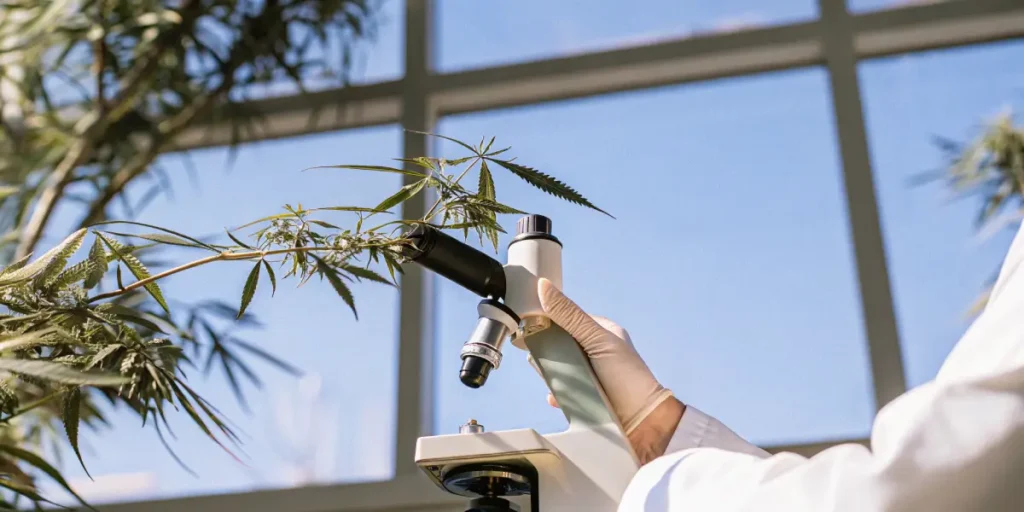 Scientist examining a cannabis plant branch using a microscope in a bright laboratory setting