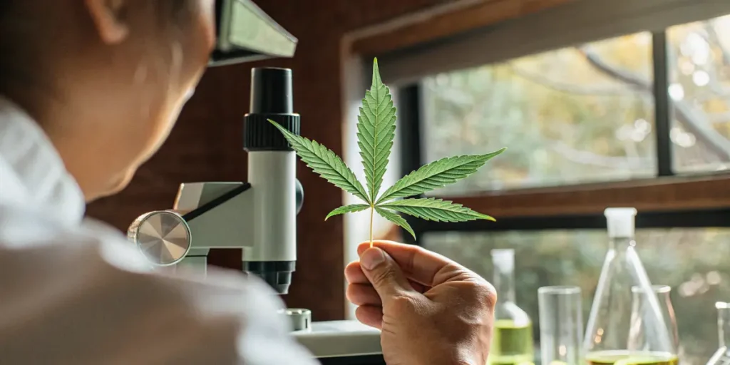Scientist examining a healthy cannabis leaf under a laboratory microscope