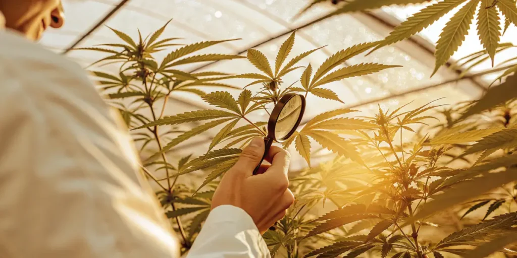 Scientist inspecting cannabis leaves with a magnifying glass inside a sunlit greenhouse