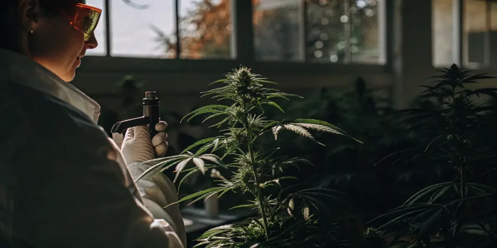 Scientist using a handheld refractometer to measure brix levels in a cannabis plant inside a laboratory.