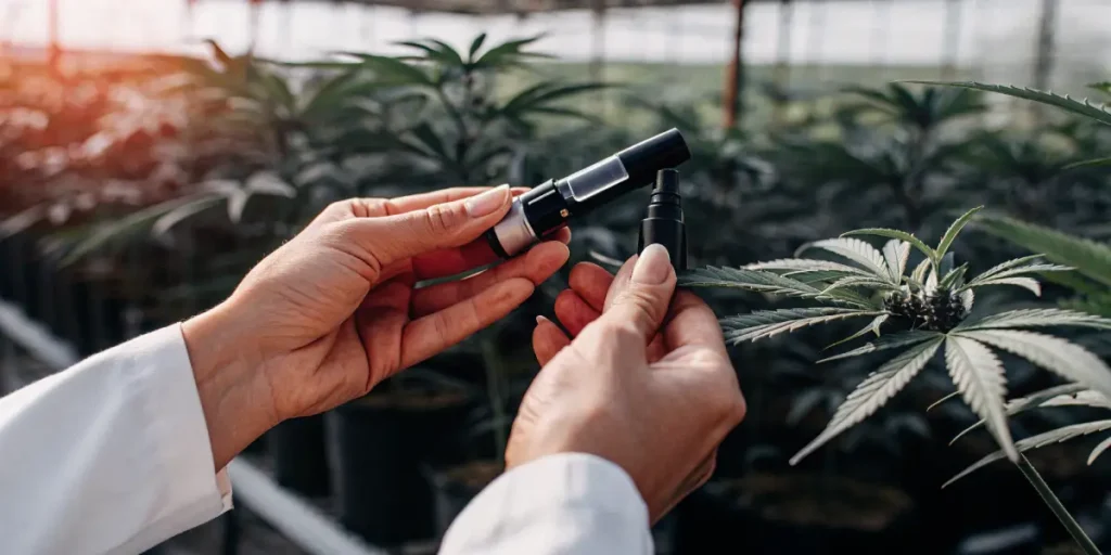 Scientist using a handheld refractometer to measure brix levels in a cannabis plant inside a greenhouse.