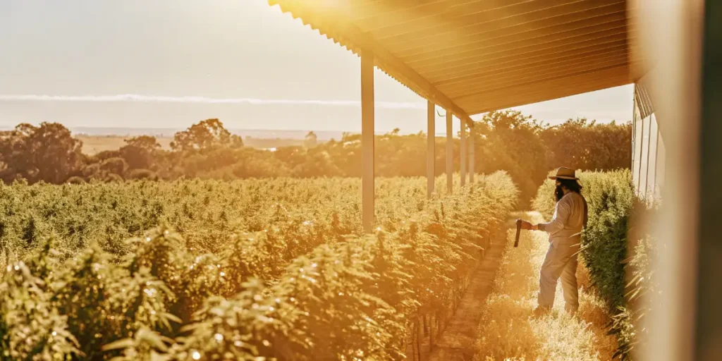 A cultivator inspecting a large outdoor cannabis field at golden hour using a handheld refractometer to assess crop quality.