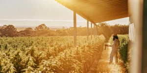 A cultivator inspecting a large outdoor cannabis field at golden hour using a handheld refractometer to assess crop quality.