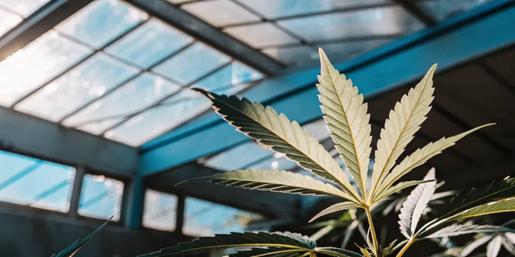 Sunlit marijuana leaf with pale green tones and sharp serrated edges inside a greenhouse environment.