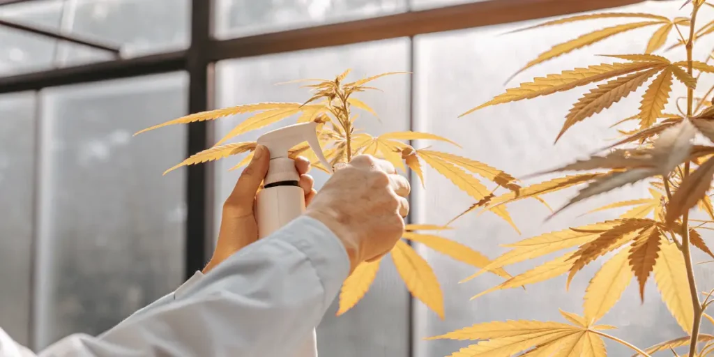 Hands applying foliar spray to yellowing cannabis leaves inside a greenhouse to correct nutrient deficiencies.