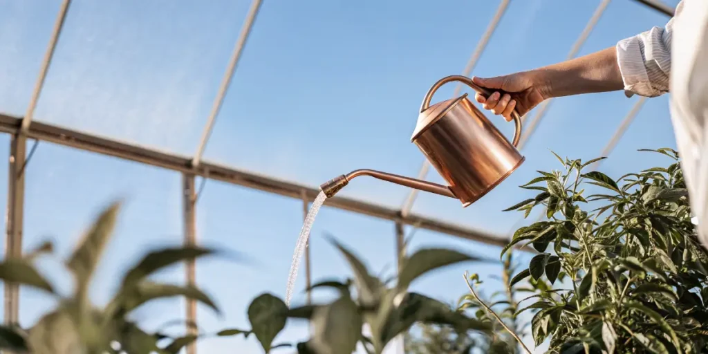 Gardener watering cannabis plants with a copper watering can inside a sunlit greenhouse