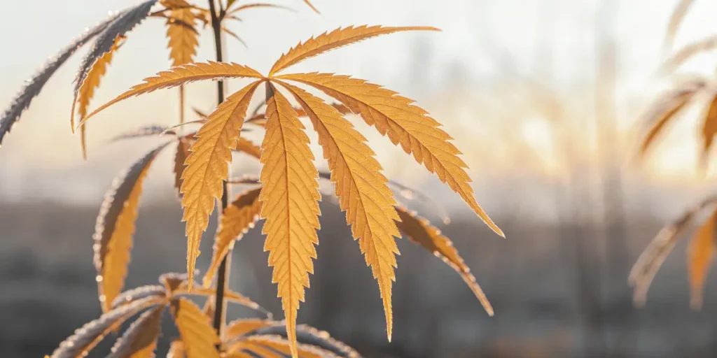 Yellow cannabis leaf in late flowering stage, displaying natural senescence and seasonal color change.