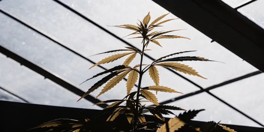 Cannabis plant with yellowing leaves backlit by sunlight inside a greenhouse.