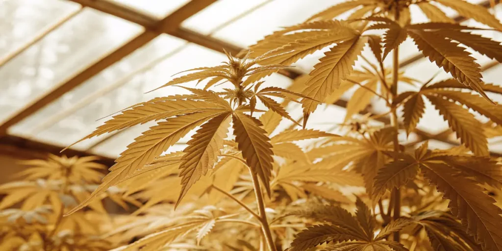 Yellowing cannabis plant in a greenhouse during the flowering stage, showing mature leaves under warm indoor light.