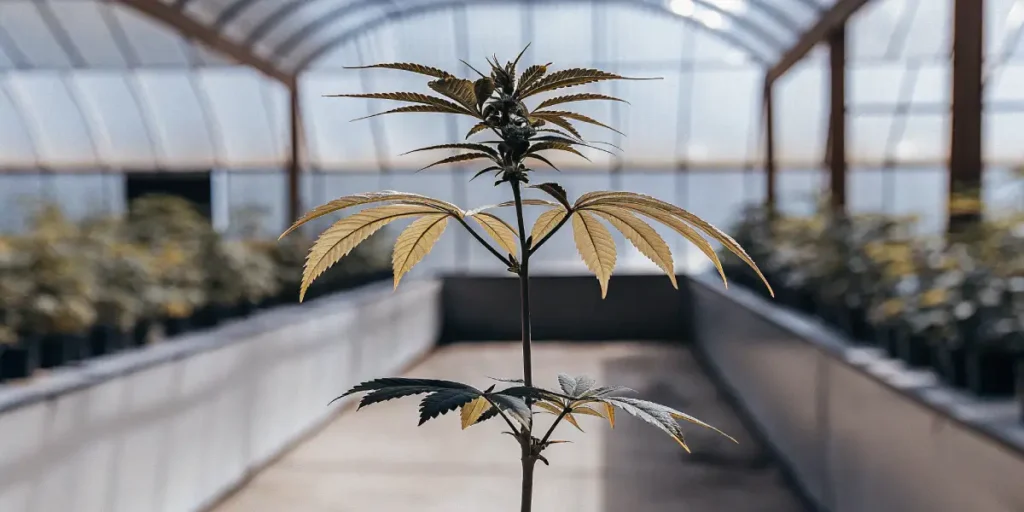 Yellowing cannabis plant growing in a greenhouse showing early signs of nutrient deficiency during the flowering stage.