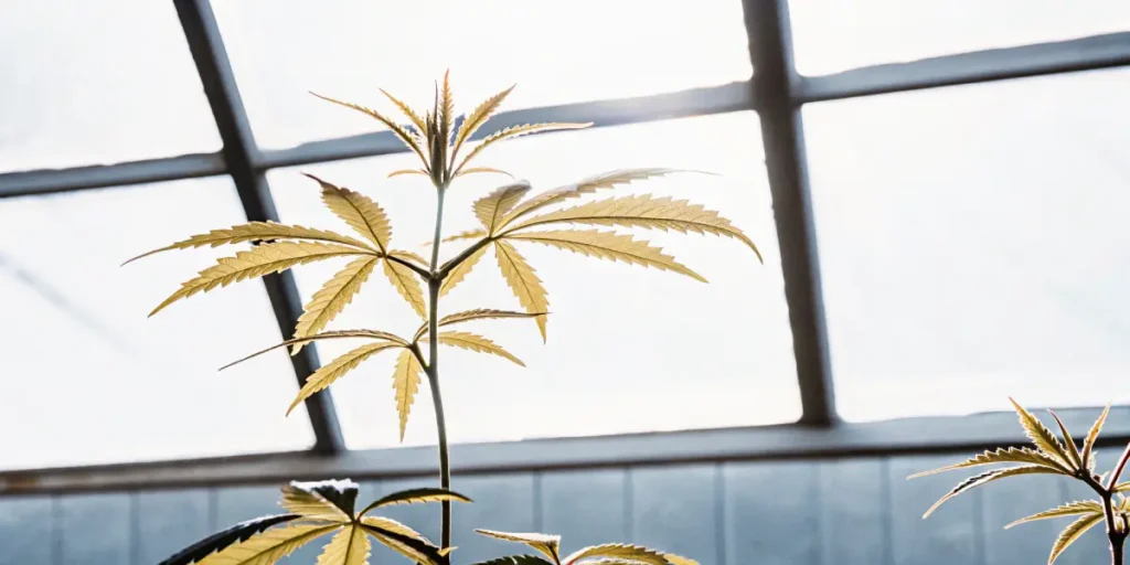 Yellowing cannabis plant leaves growing inside a greenhouse with natural sunlight exposure