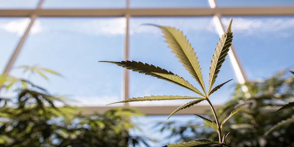 Young cannabis leaf stretching upward under greenhouse light with a blue sky visible through the glass ceiling.