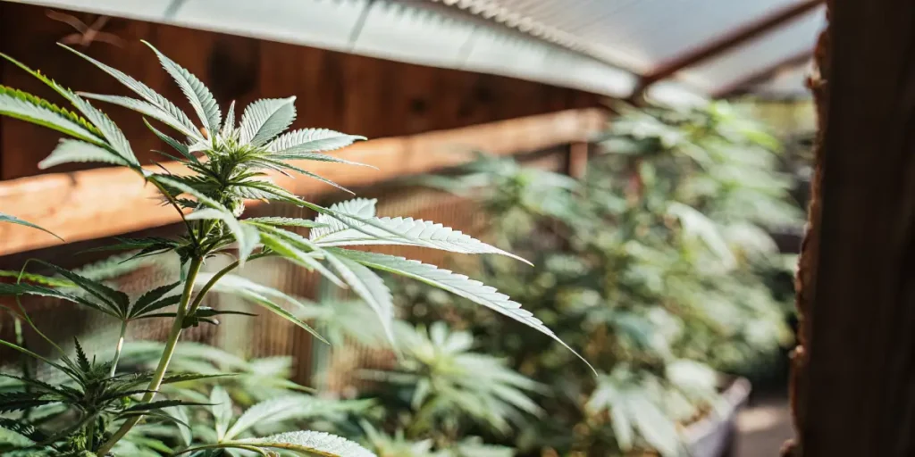 Young cannabis plant growing in a greenhouse under natural light with healthy green leaves.