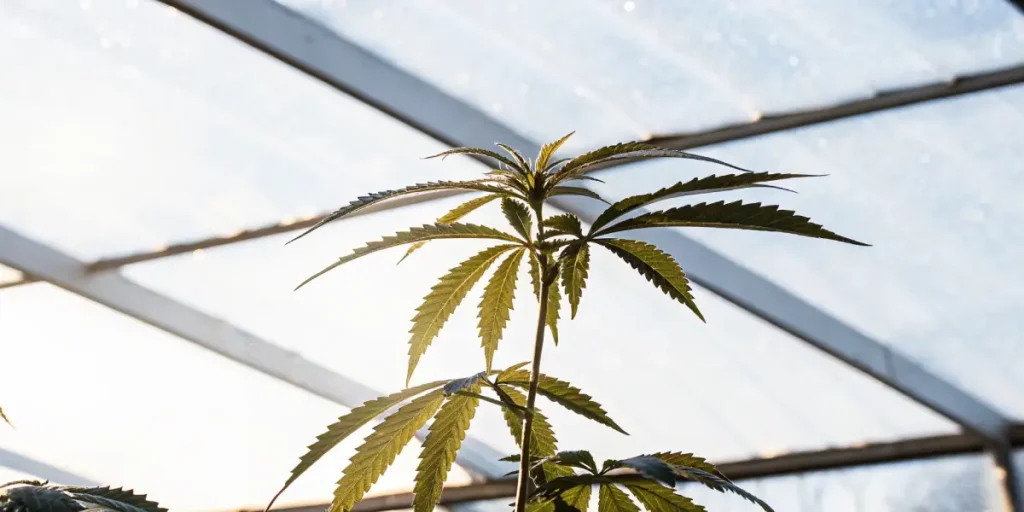 Young cannabis plant growing upright in a greenhouse with natural sunlight filtering through glass panels.