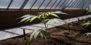 Young cannabis plant growing in soil inside a sunlit greenhouse during early vegetative stage.