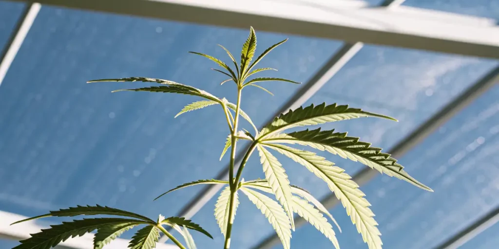 Young cannabis plant with light green leaves growing upward under bright greenhouse light and glass roof.