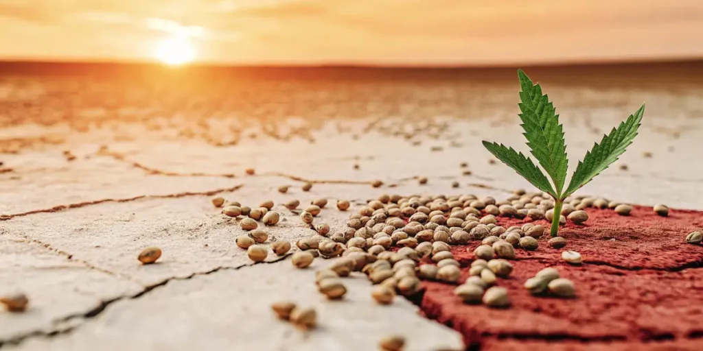 Young cannabis seedling emerging from dry soil surrounded by cannabis seeds