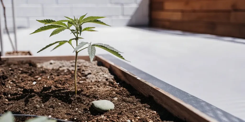 Young cannabis seedling growing in a raised soil bed outdoors, showing healthy green leaves during the early vegetative stage.