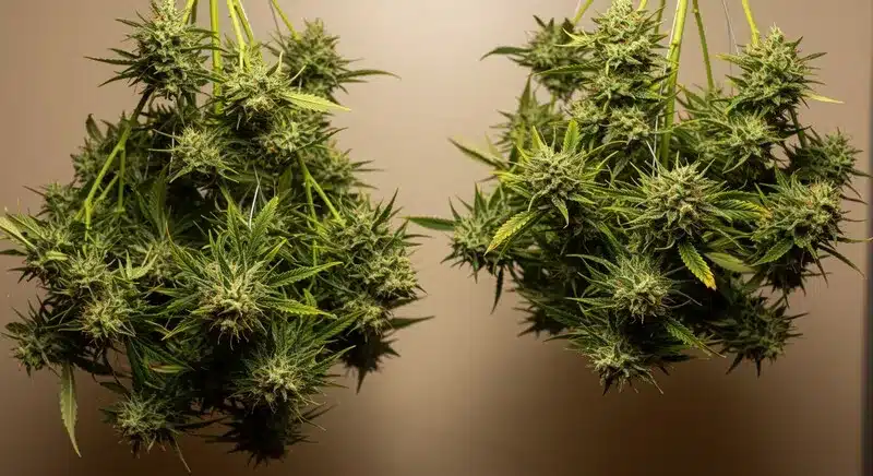 Freshly harvested Maple Leaf branches hanging to dry, showing dense, aromatic buds full of resin and flavor.