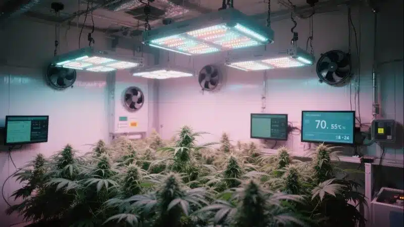 Maracuya Regular plants thriving under LED lights, with ideal temperature and humidity for indoor flowering.