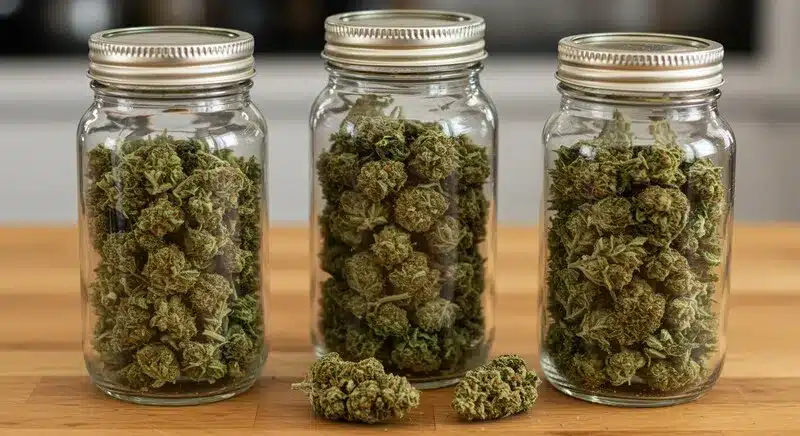 Cured Master Kush Regular buds stored in airtight jars to maintain potency, rich terpenes, and smooth flavor.

