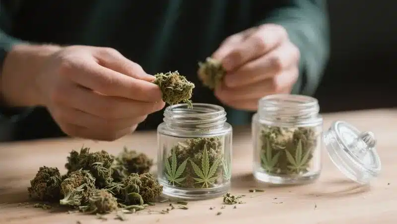 Cured Maracuya Auto buds being stored in glass jars to maintain potency, tropical flavor, and aromatic freshness.