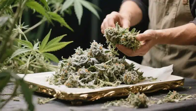 Freshly harvested Mamba Negra FBV buds covered in trichomes, carefully trimmed to preserve potency and flavor quality.