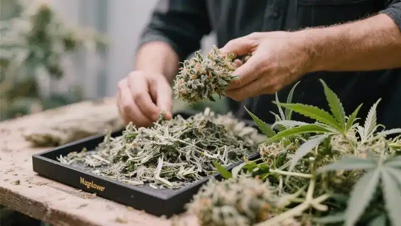 Freshly harvested Mandarine Auto buds with orange hues, carefully trimmed to preserve terpenes and flavor.