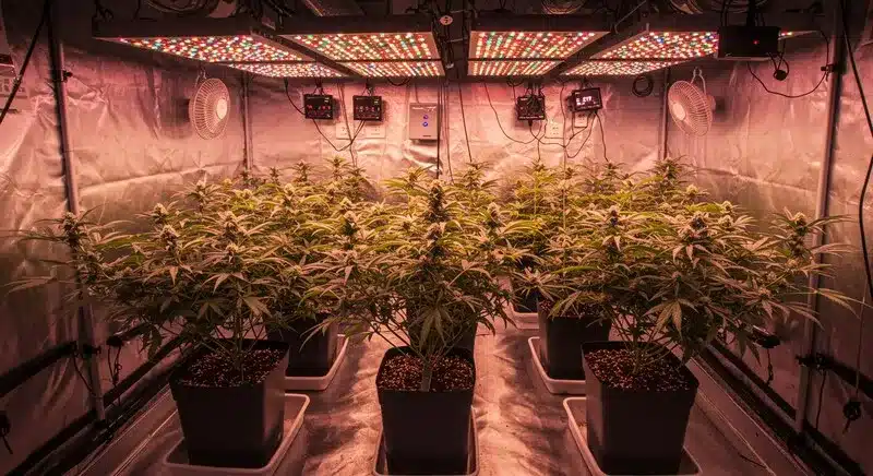 Magnum Autoflower plants thriving indoors with LED lighting, showing dense foliage and flowering growth.
