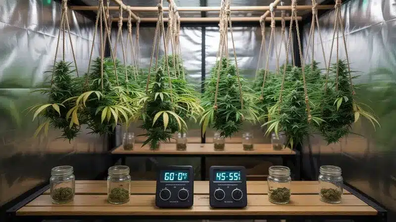 Freshly harvested Kyle’s Cherry AK 47 branches hanging to dry in a climate-controlled room, preserving terpenes and potency for top quality.