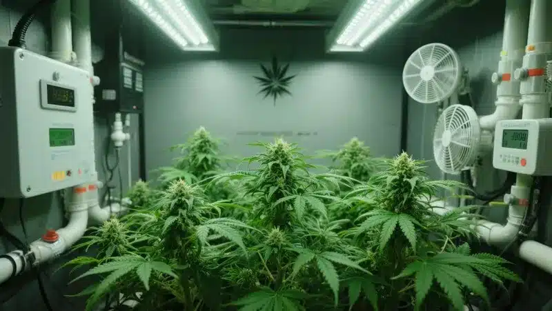 Kyle’s Cherry AK 47 plants flourishing in a controlled indoor setup with LED lights and ideal ventilation, ensuring dense and aromatic buds.