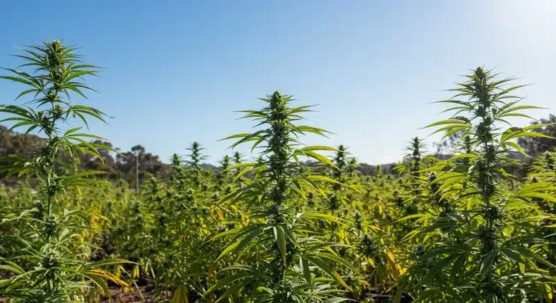 Healthy Kyle’s Skywalker OG plants growing outdoors under bright sunlight, developing tall colas and rich green foliage for high yield harvests.