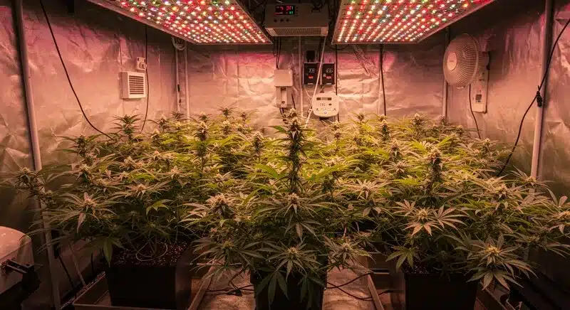 Healthy Kyle’s Sweet Island plants flourishing indoors under LED grow lights, showcasing foliage and uniform bud development.