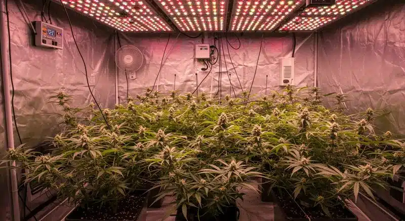 L.A. Confidential x Afghan Kush plants thriving indoors under LED lighting, showing lush growth and strong bud formation in controlled conditions.