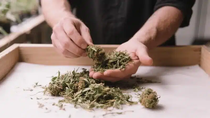 Freshly harvested Lemon Haze Autoflower buds being trimmed by hand, preserving resin quality and the strain’s signature lemon aroma.