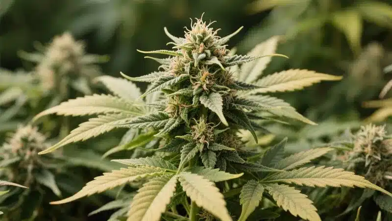 Lemon Haze Fast Version in full bloom, showing compact buds, rich trichomes, and light green leaves with hints of yellow, typical of its citrus profile.