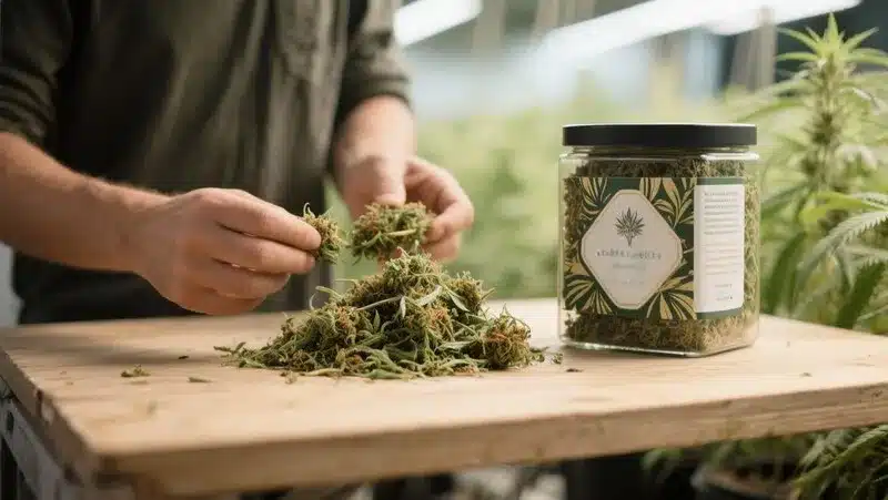 Fresh Lemon Haze Fast Version buds being hand-trimmed and stored in glass jars to preserve their lemon aroma and potent resin content.