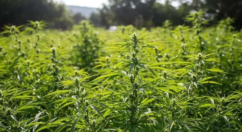 Lemon Kush plants growing outdoors in bright sunlight, showing development and lush green foliage in a healthy cannabis field.