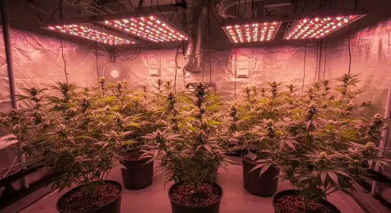 Lemon OG Fast Version plants thriving under LED grow lights, showing indoor development and dense buds with a citrus aroma.