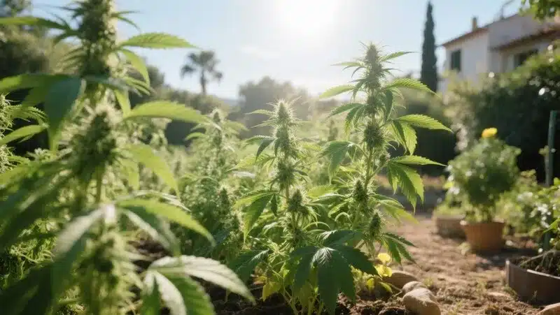 Lemon OG Fast Version growing outdoors under natural sunlight, producing tall, aromatic plants with resinous buds and lemon scent.