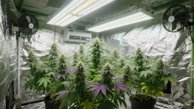 Lemon Pie Regular plants thriving under LED grow lights, showing green and purple tones with dense, resinous buds developing indoors.